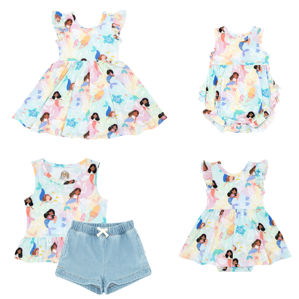 Flat lays of sibling matching Mystic Mermaids outfits