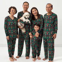 Family of five and their dog wearing matching Night at the Nutcracker Pajama sets. Mom and Grandma are wearing women's Night at the Nutcracker women's pajama tops and matching women's pajama bottoms. Dad and Grandpa are wearing Night at the Nutcracker men's pajama top and matching pajama bottoms. Child is wearing a Night at the Nutcracker two piece pajama set. Their dog is wearing a Night at the Nutcracker pet bandana 