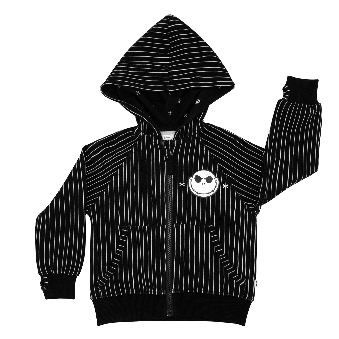 Flat lay image of a Jack Skellington zip hoodie