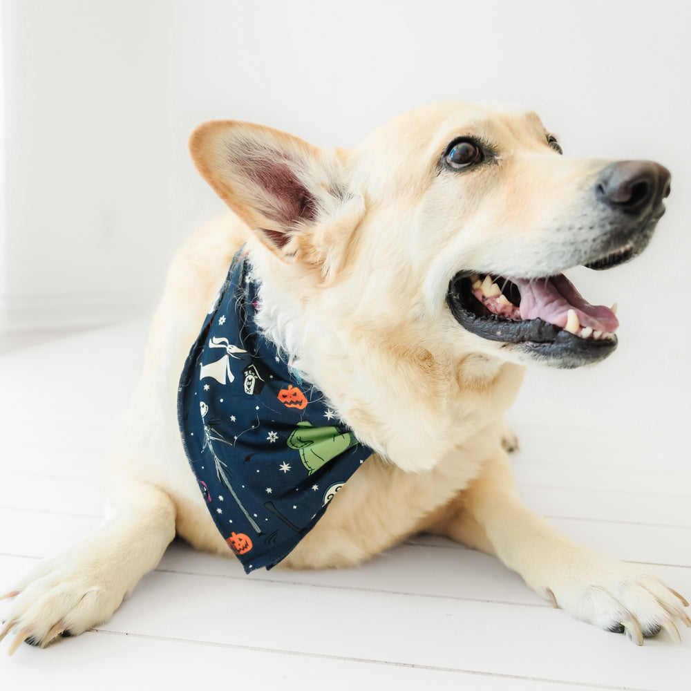 Alternate image of a dog wearing a Jack Skellington and Friends printed pet bandana
