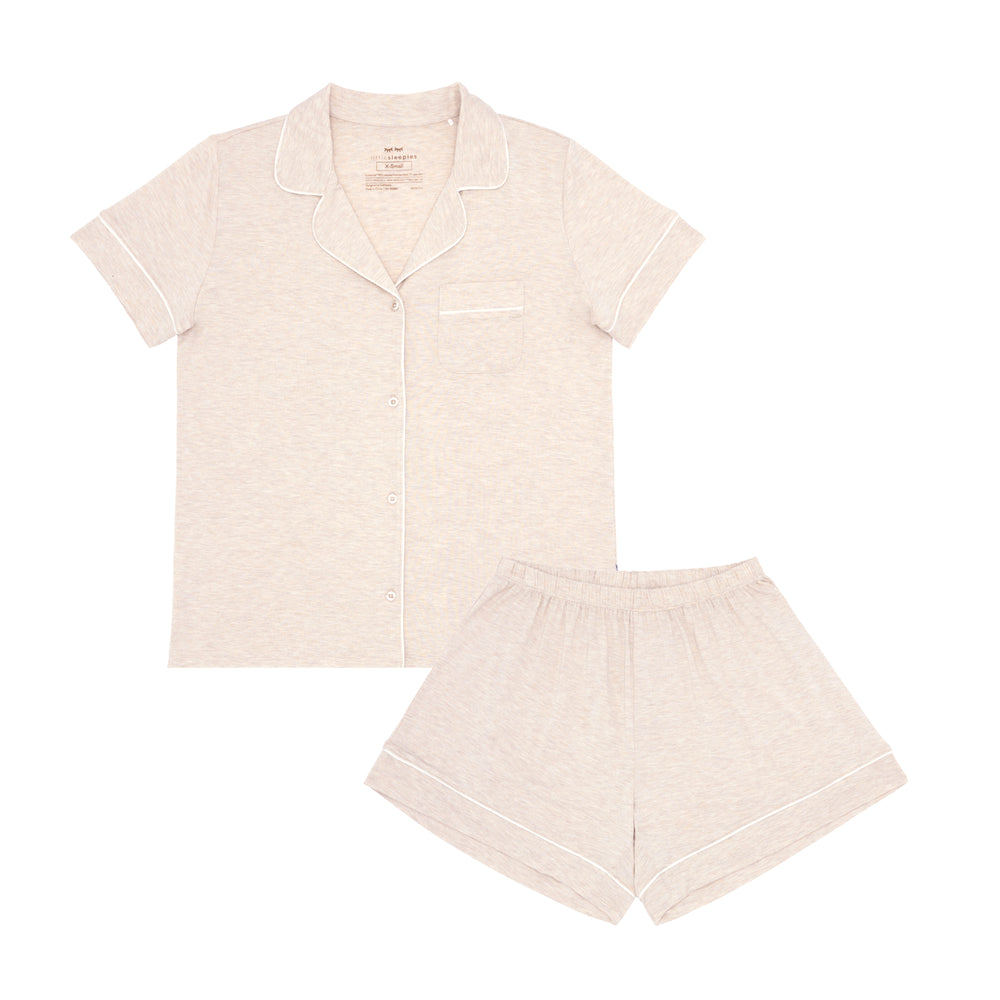 Flat lay image of women's Heather Oatmeal short sleeve and shorts pajama set