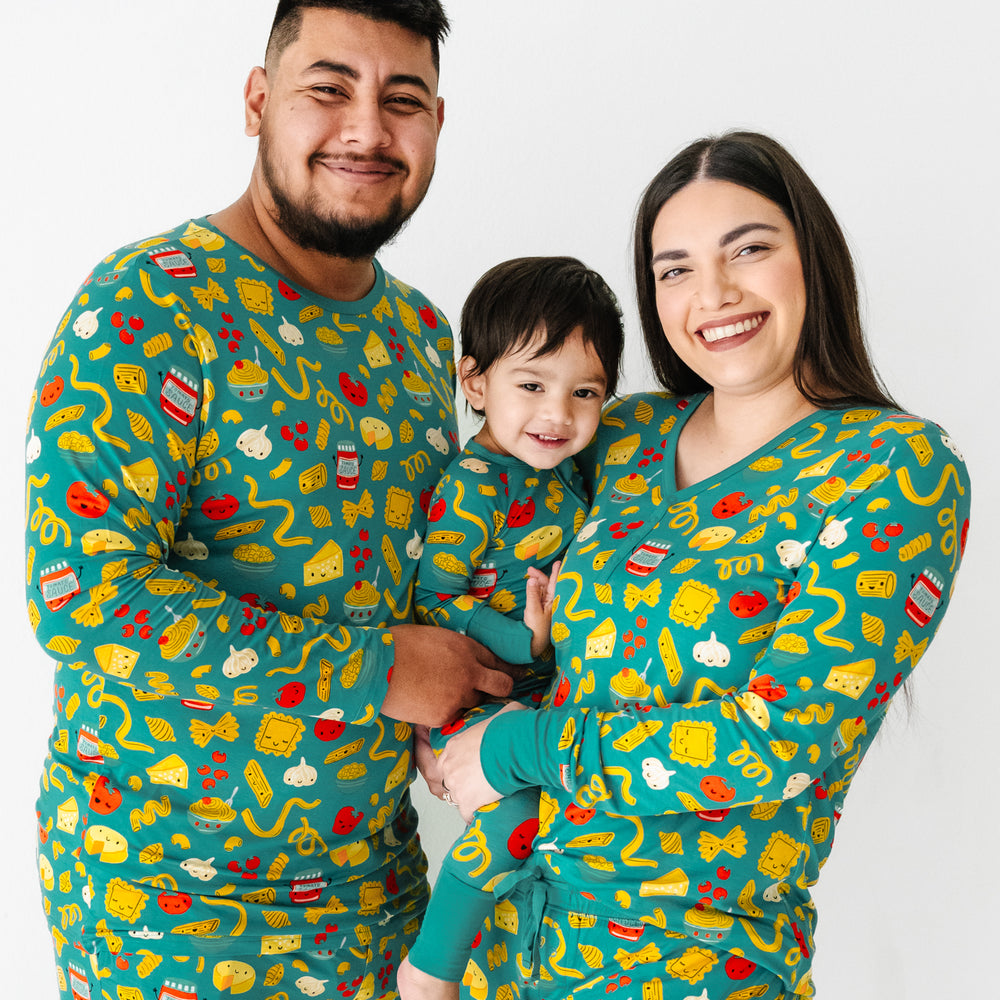 Family of three wearing matching Pasta Party pajamas