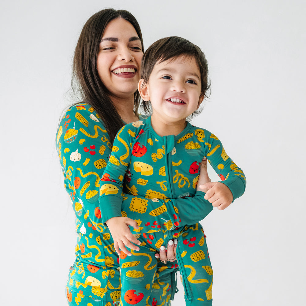 Mother and child wearing matching Pasta Party pajamas