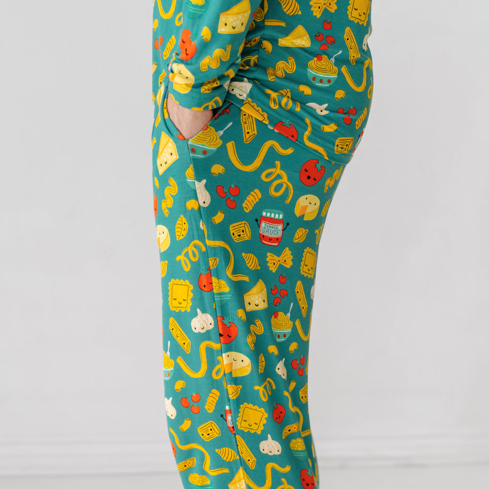 Click to see full screen - Close up side view image of a man wearing Pasta Party men's pajama pants