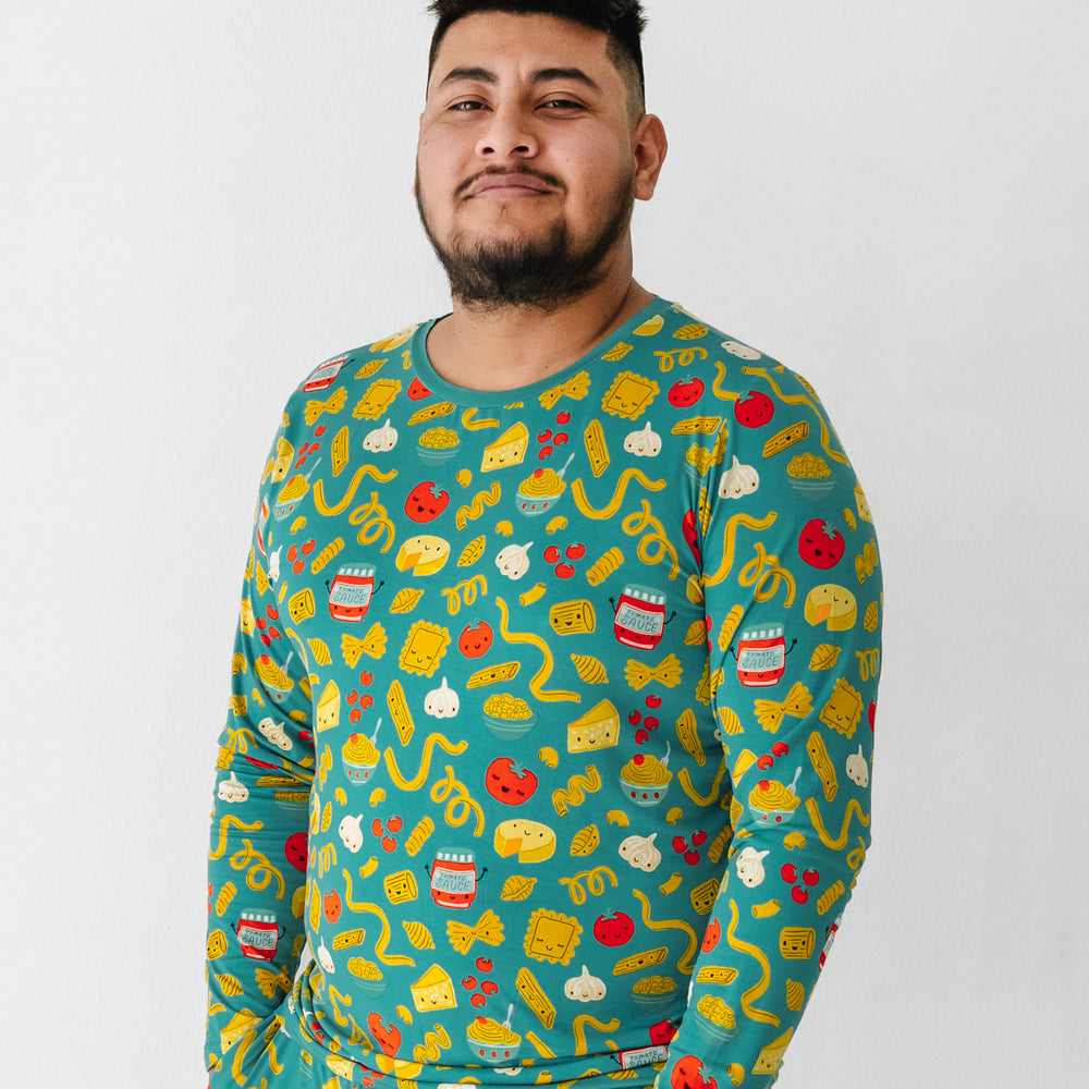 Click to see full screen - Close up image of a man wearing a Pasta Party men's pajama top
