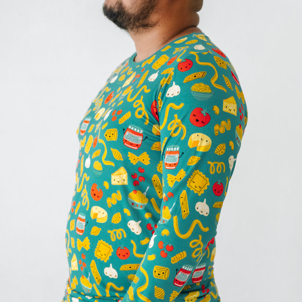 Click to see full screen - Close up side view image of a man wearing a Pasta Party men's pajama top