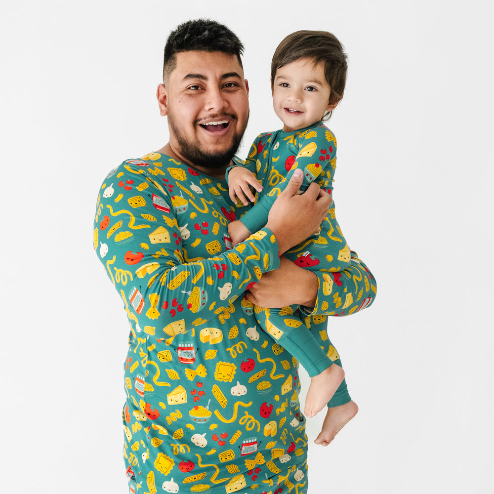 Click to see full screen - Father and child wearing matching Pasta Party pajamas