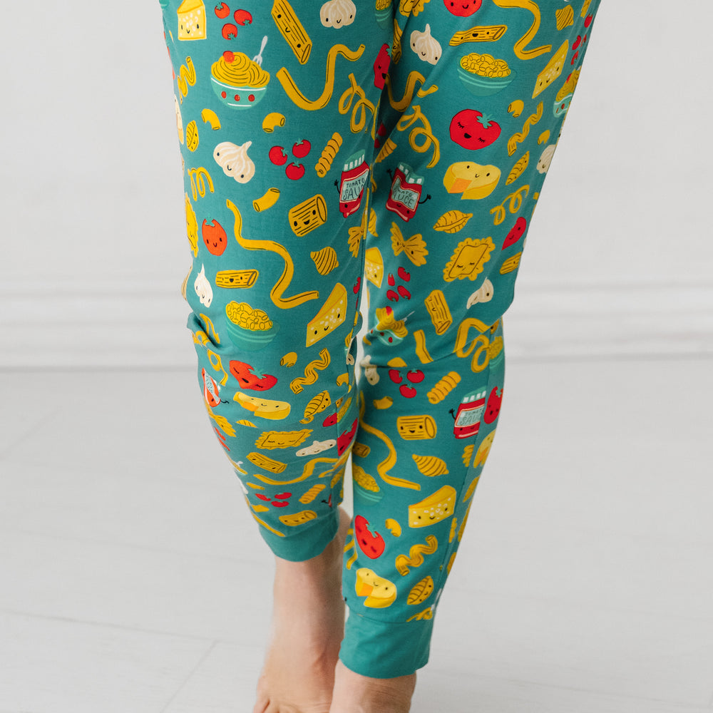 Click to see full screen - Alternate close up image of a woman wearing Pasta Party women's pajama pants