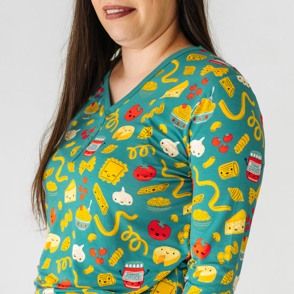 Click to see full screen - Close up side view image of a woman wearing a Pasta Party women's pajama top