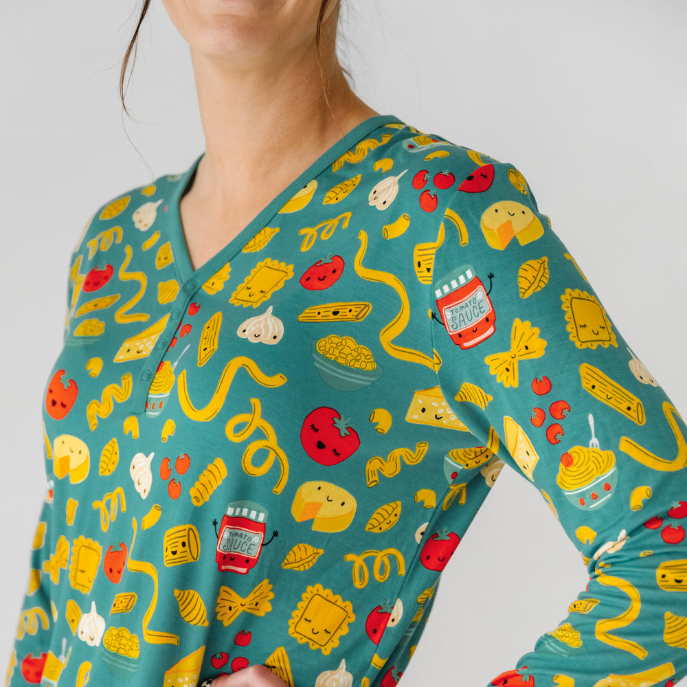 Alternate close up side view image of a woman wearing a Pasta Party women's pajama top