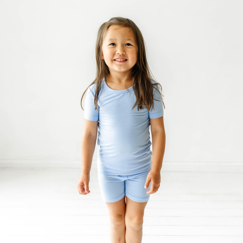 Alternate image of a child wearing a Periwinkle Blue two piece short sleeve and shorts pajama set