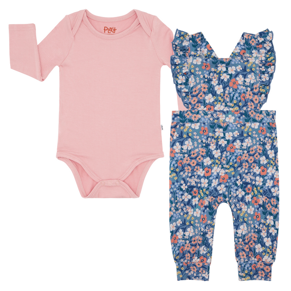 Mauve Blush Bodysuit and Petite Petals Ruffle Overall