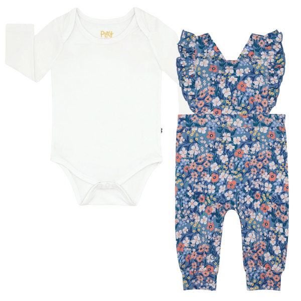 Soft White Bodysuit and Petite Petals Ruffle Overall