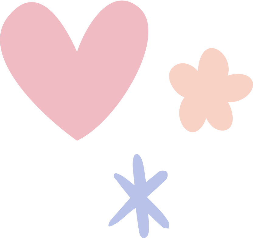 Illustration of a pastel pink heart, peach flower, and blue star.