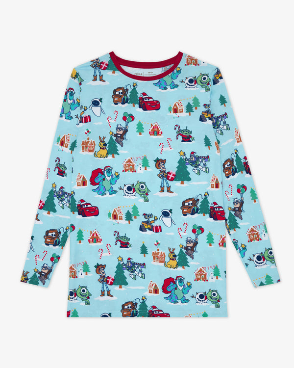 Flat lay of the Disney & Pixar Christmas Village Men's Long Sleeve Pajama Top