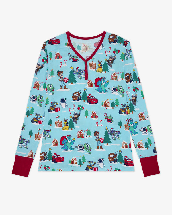 Flat lay of the Disney & Pixar Christmas Village Women's Long Sleeve Pajama Top