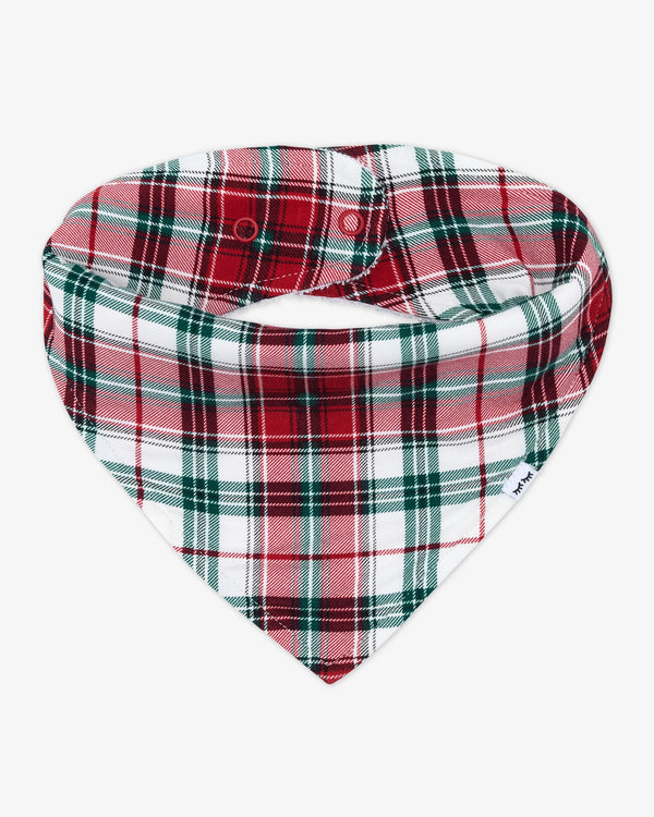 Flat lay of the Holly Plaid Bandana Bib