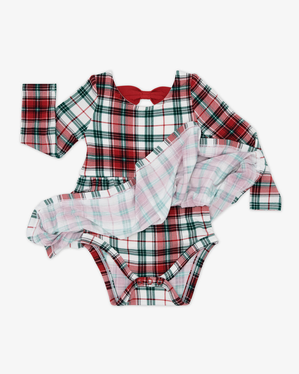 Flat lay of the Holly Plaid Bow Back Skater Dress with Bodysuit showing the built in bodysuit