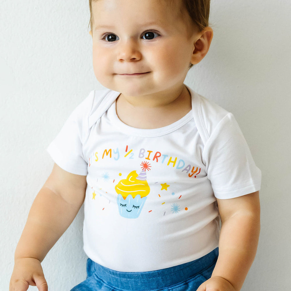 Click to see full screen - Play Bodysuit - It's My Half-Birthday! Short Sleeve Graphic Bodysuit