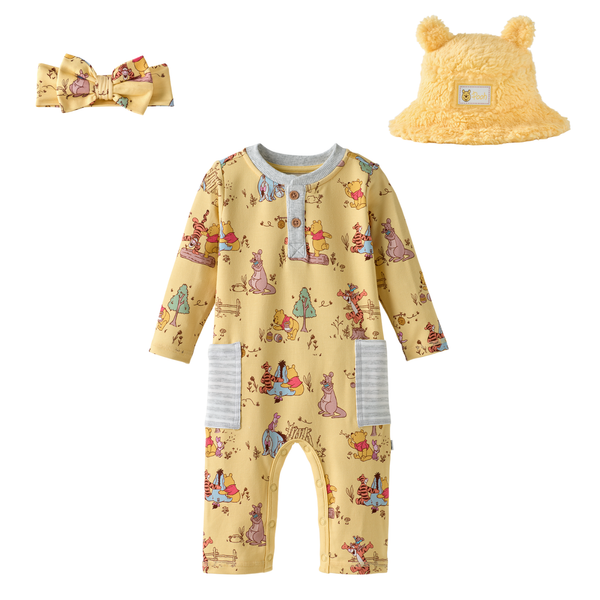 Playtime With Pooh Henley Romper, Playtime With Pooh Luxe Bow Headband, and Winnie The Pooh Sherpa Bucket Hat