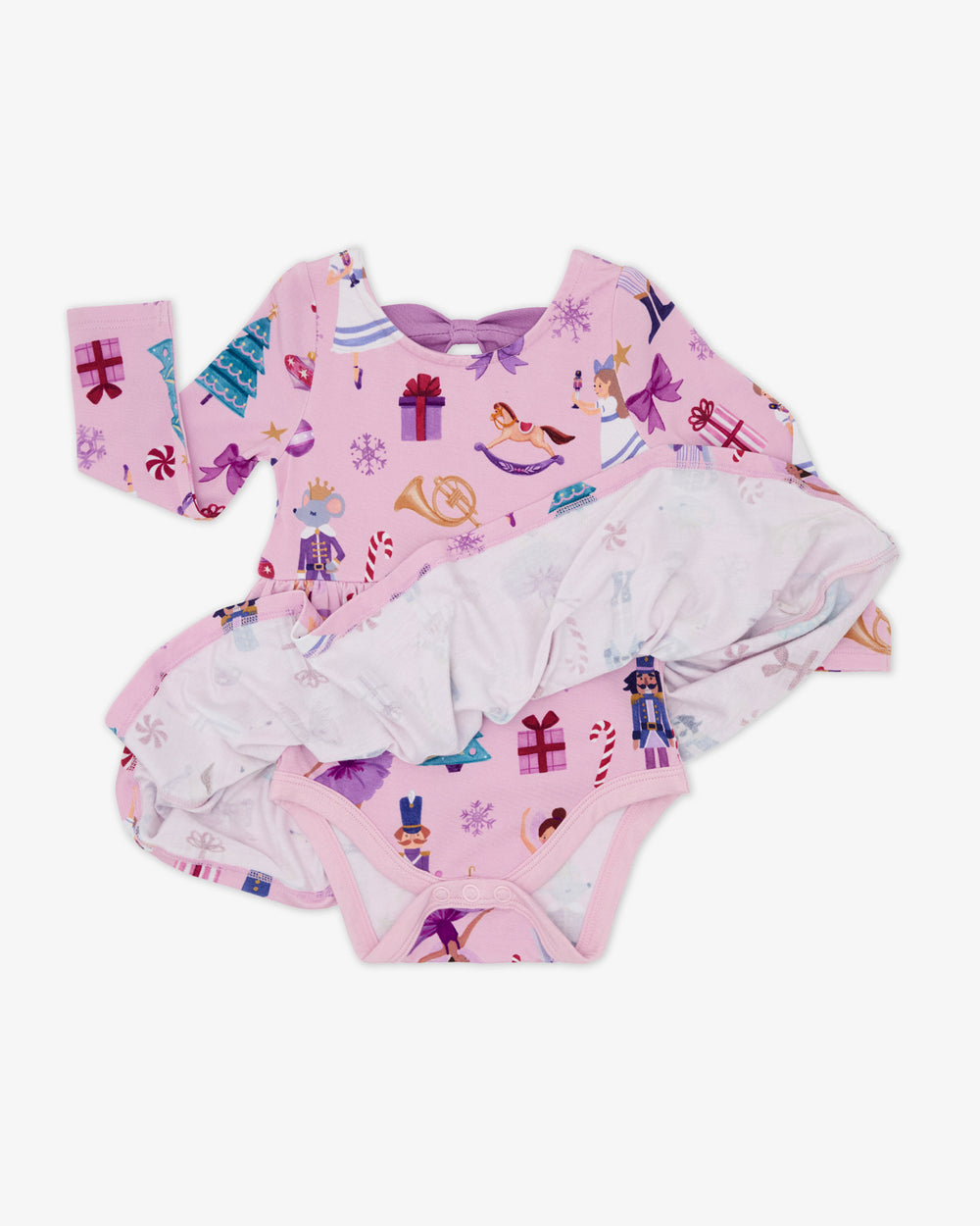 Flat lay of the Nutcracker Ballet Bow Back Skater Dress with Bodysuit showing the built in snap bodysuit
