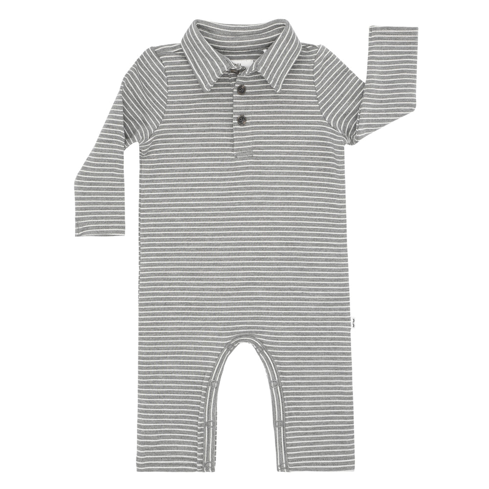 Flat lay image of Heather Charcoal Stripes polo romper