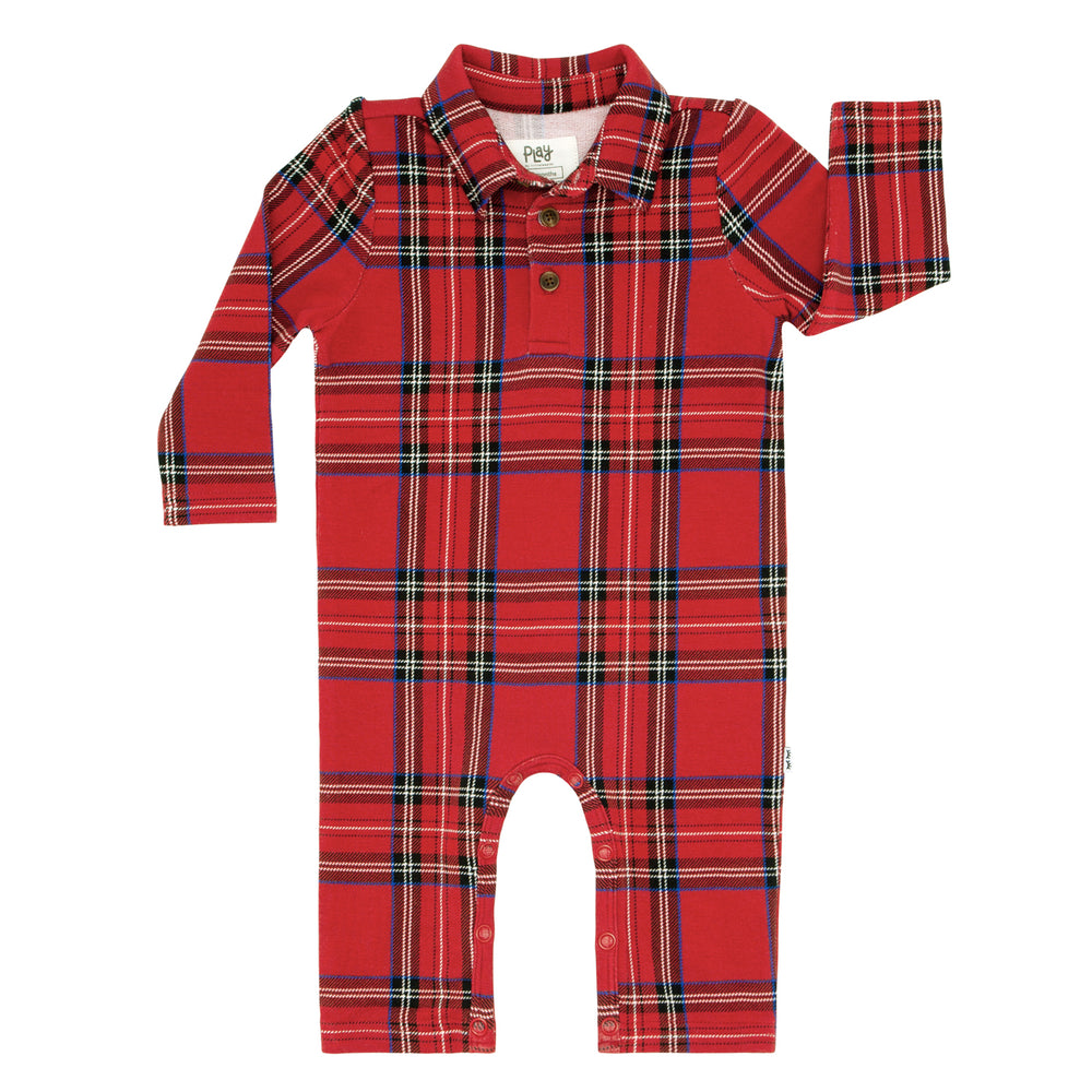 Flat lay image of a Holiday Plaid polo romper