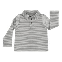 Flat lay image of a Heather Charcoal stripes polo shirt