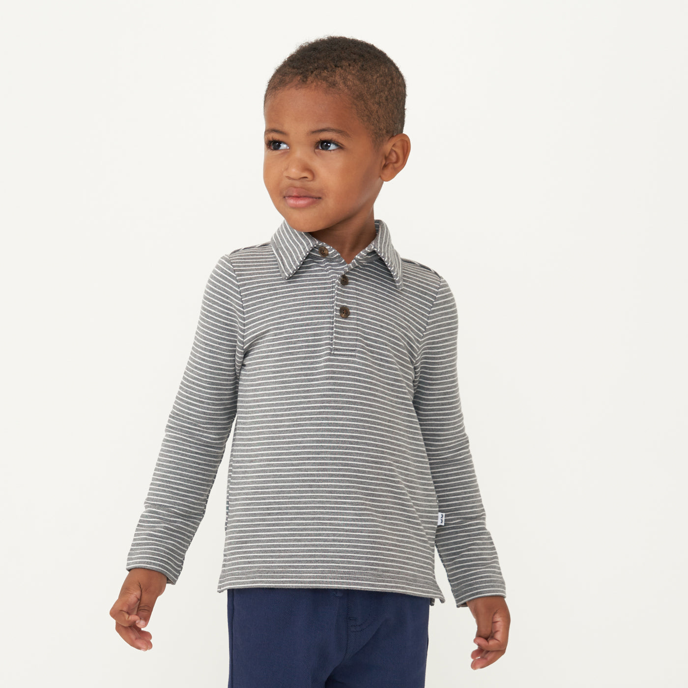Alternate image of a child wearing a Heather Charcoal stripes polo shirt paired with Sapphire joggers