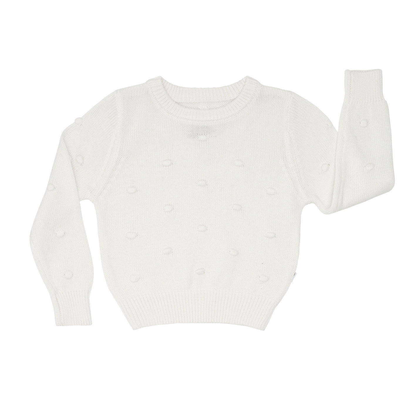 Flat lay image of an Ivory pom pom sweater