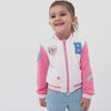 Video of a child wearing a Bluey pink bomber jacket and coordinating outfit