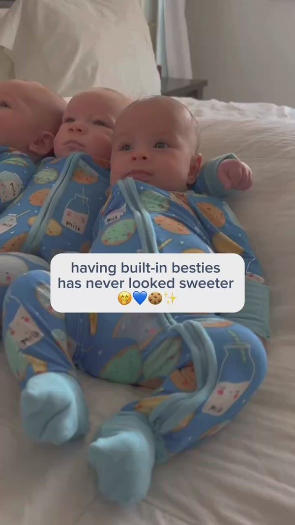 Three infants wearing Blue Cookies & Milk Zippies