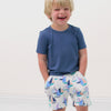 Video of a child wearing Seas the Day shorts paired with a Navy tee
