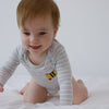 video of an infant crawling on a blanket wearing a bee mine pocket bodysuit