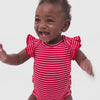 Video of a child wearing a Candy Red Stripes flutter bodysuit