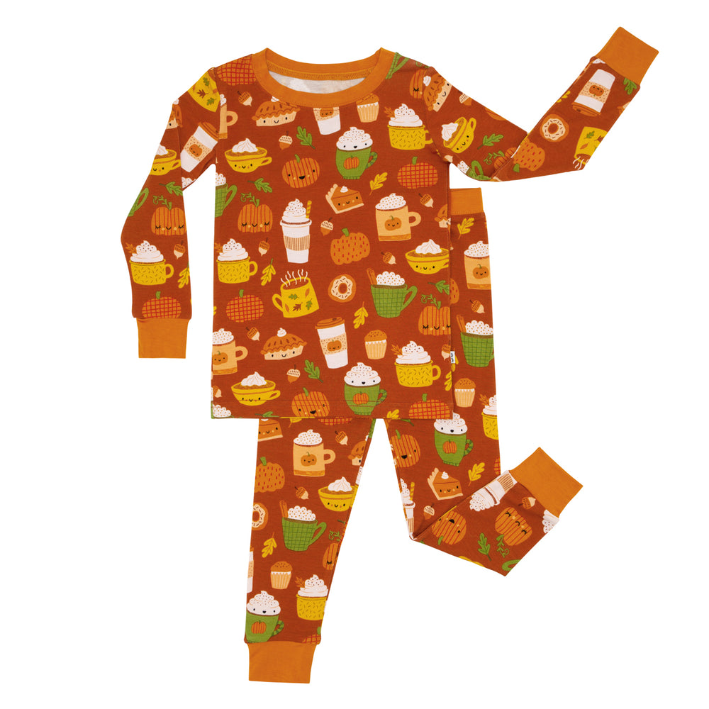 Flat lay image of a Pumpkin Spice two piece pajama set