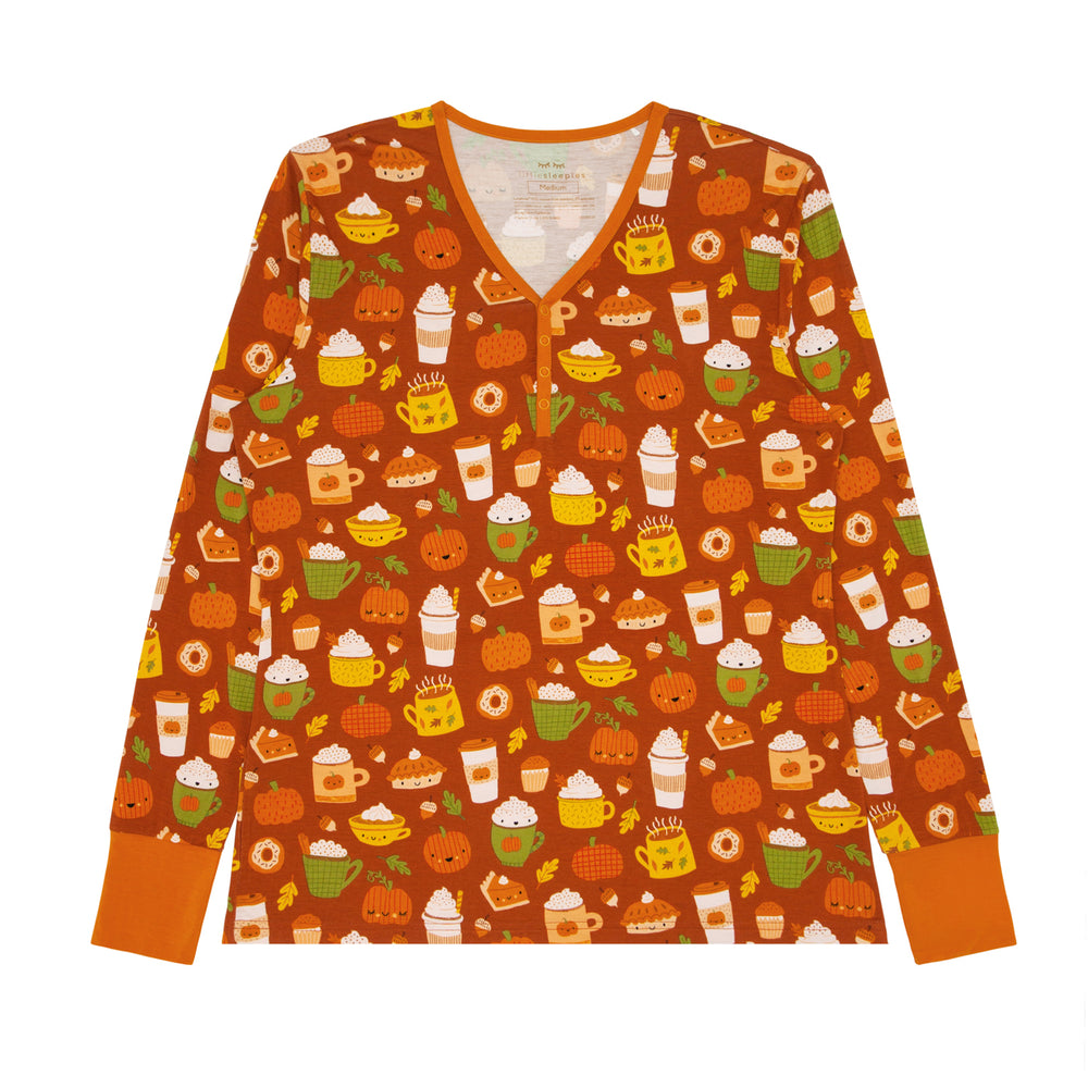 Flat lay image of a Pumpkin Spice women's pajama top