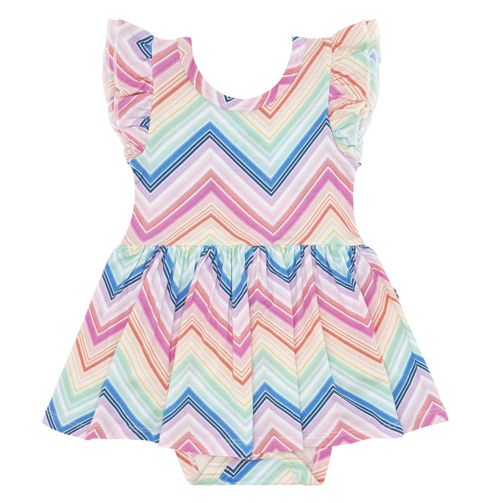 Flat lay image of a Rainbow Chevron printed flutter sleeve skater dress with bodysuit