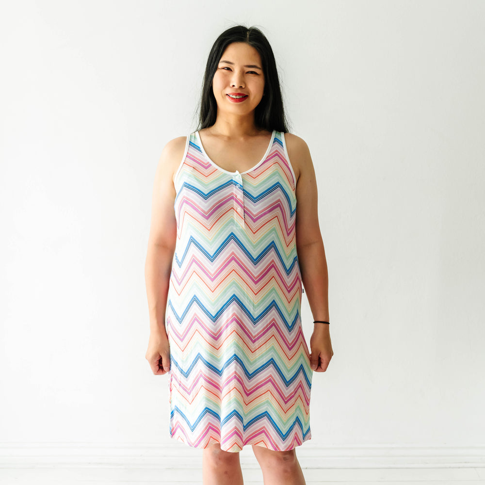 Woman wearing Rainbow Chevron printed women's nightgown