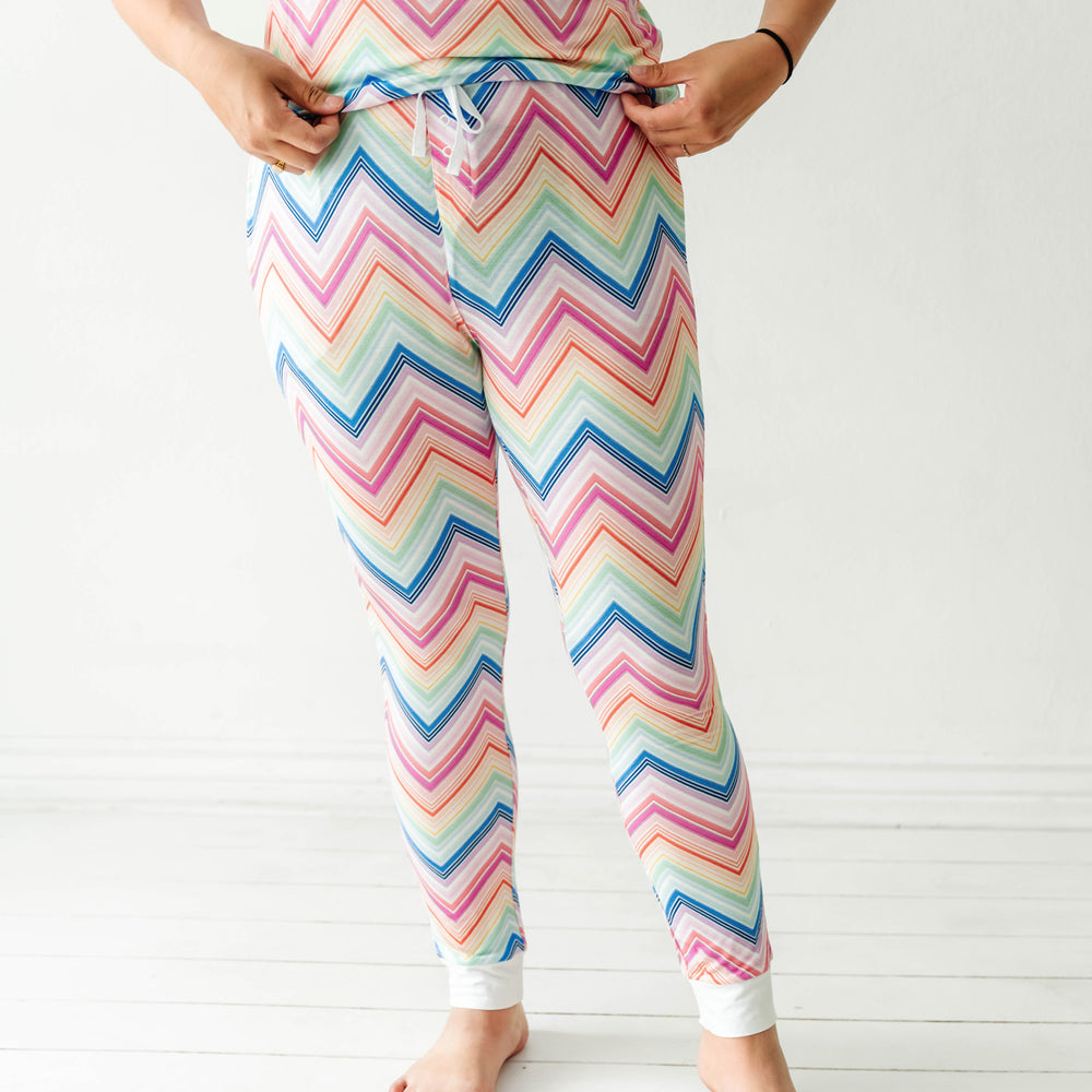 Click to see full screen - Woman wearing Rainbow Chevron printed women's pajama pants