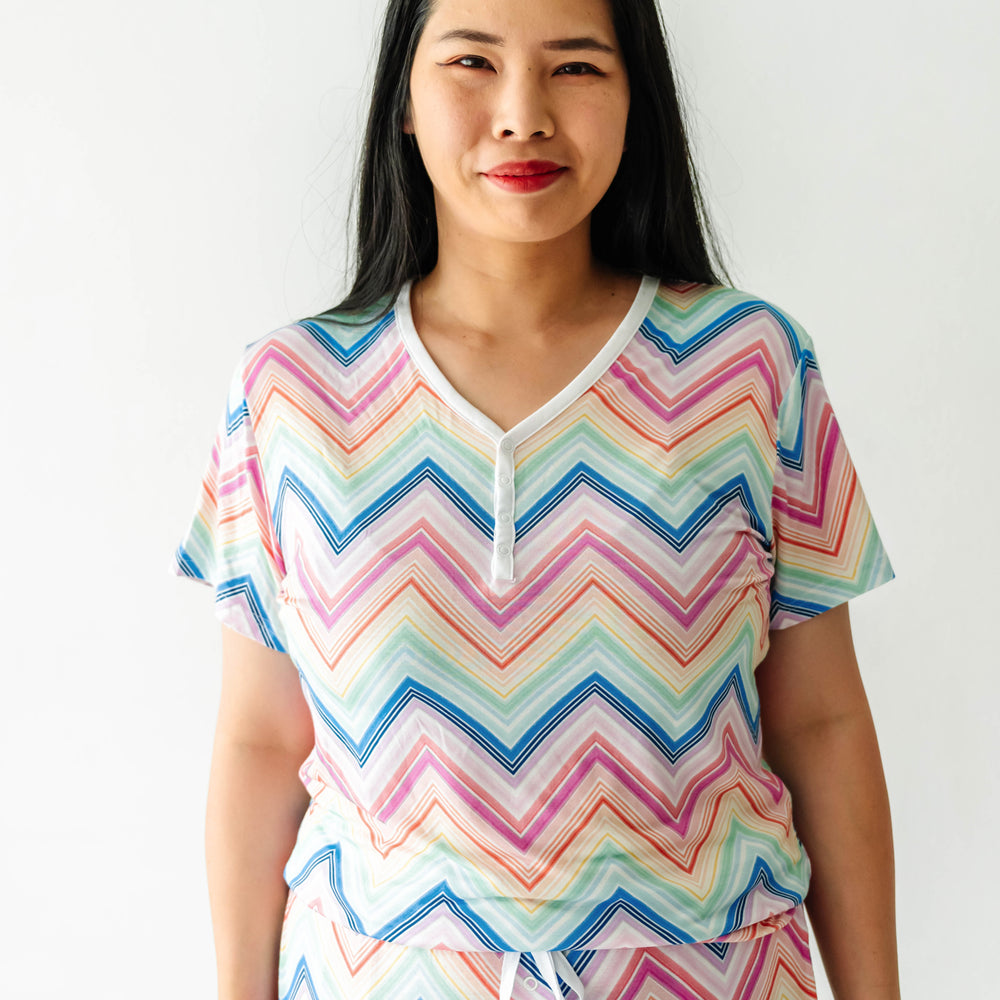 Woman wearing a Rainbow Chevron printed women's pajama top