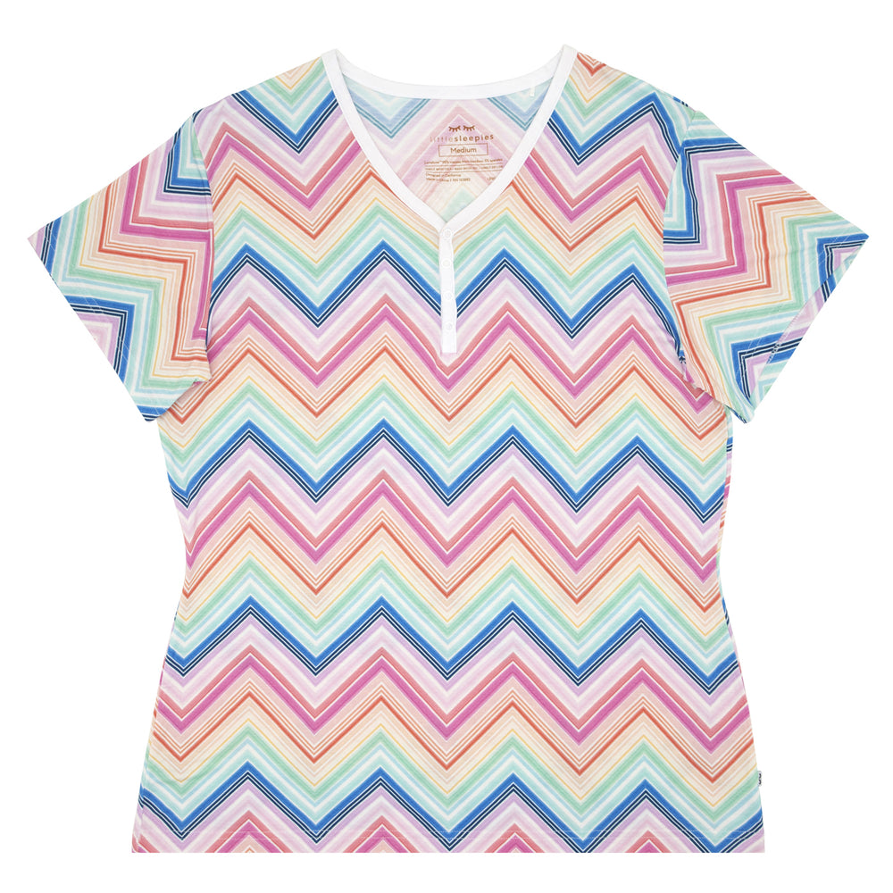 Flat lay image of a Rainbow Chevron printed women's pajama top