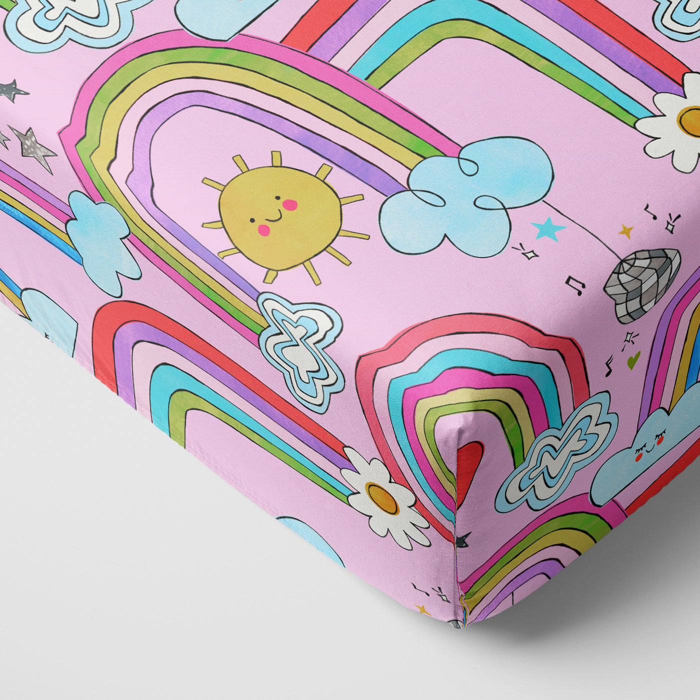 Close up of the Disco Rainbows Fitted Crib Sheet