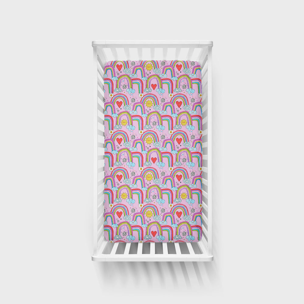Aerial view of the Disco Rainbows Fitted Crib Sheet