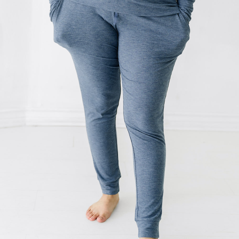 Close up image of a woman wearing Heather Dusty Indigo Ribbed women's pj pants