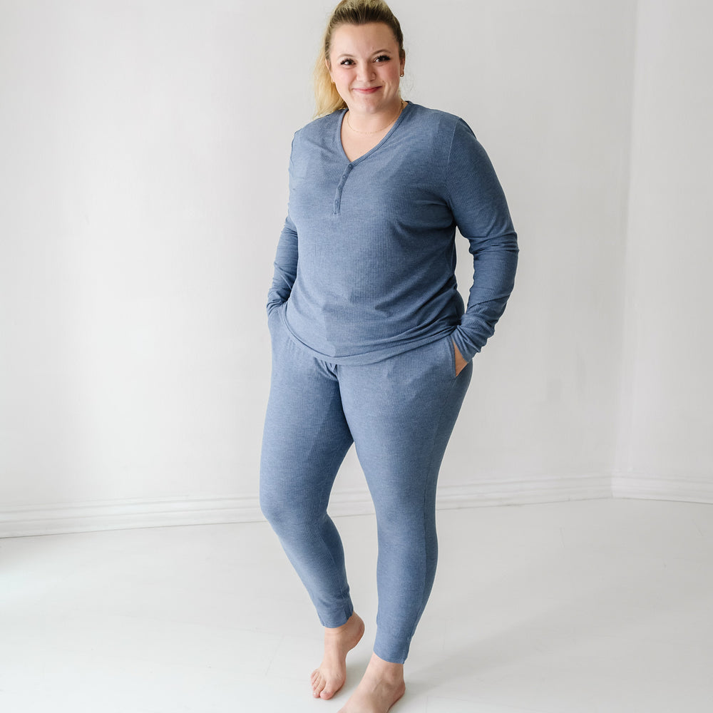 Woman wearing Heather Dusty Indigo Ribbed women's pajama top paired with matching pajama pants
