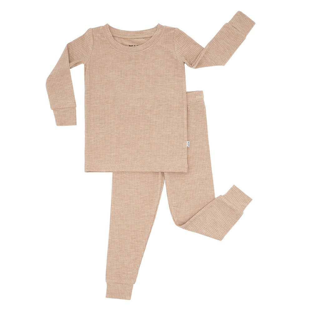 Flat lay image of a Heather Fawn ribbed two piece pajama set