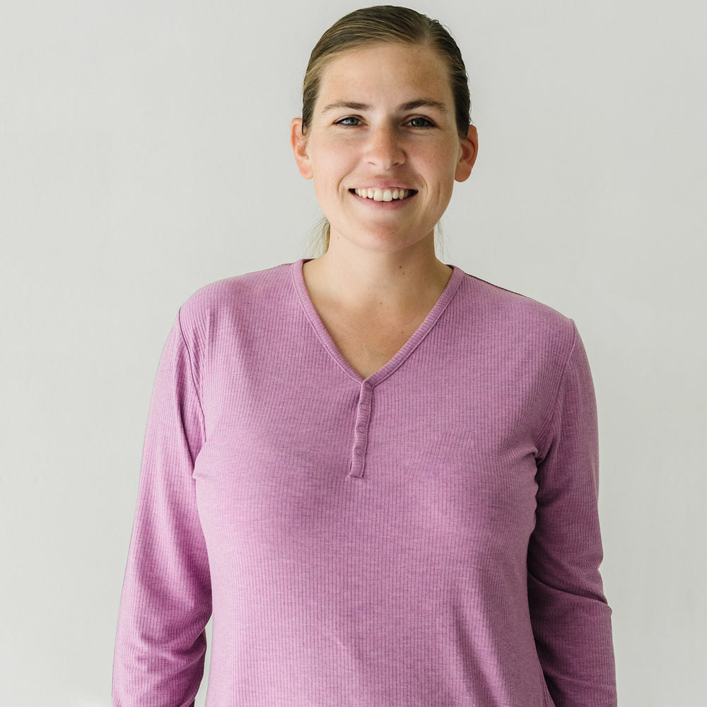 Close up image of woman wearing Heather Mulberry Ribbed women's pajama top