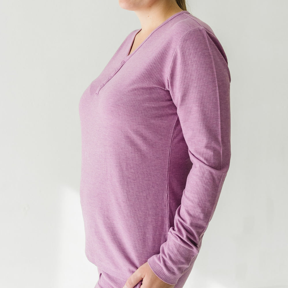 Profile image of woman wearing Heather Mulberry Ribbed women's pajama top
