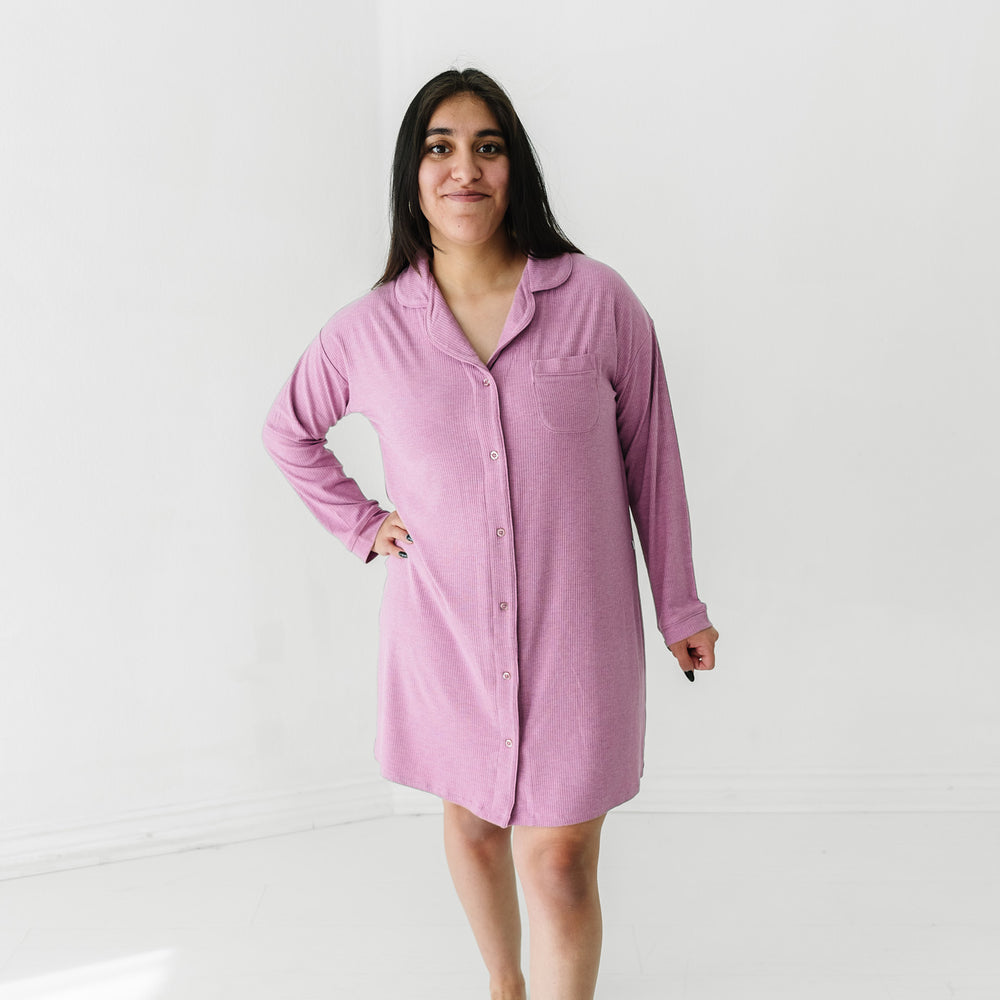 Alternate image of a woman wearing a Heather Mulberry Ribbed women's sleep shirt